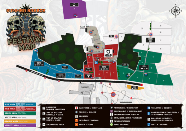 Geländeplan des Summer Breeze Open Air mit Legende der auf dem Plan vermerkten Orte, die sich auf dem Festival befinden.