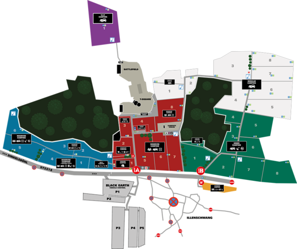 Die SUMMER BREEZE Geländekarte mit einer farblichen EInteilung in BLUE AREA, RED AREA, ORANGE AREA, GREEN AREA, VIOLETTE AREA und WHITE AREA. Ebenfalls sind das Infield und die Parkplätze, sowie die Waldgebiete auf dem Gelände abgebildet.