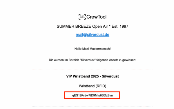Screenshot aus dem SUMMER BREEZE Crewtool, der beispielweise Codes zeigt, die für die Verknüpfung von Ticket und Armband benötigt werden.