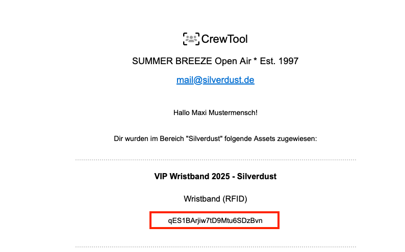 Screenshot aus dem SUMMER BREEZE Crewtool, der beispielweise Codes zeigt, die für die Verknüpfung von Ticket und Armband benötigt werden.
