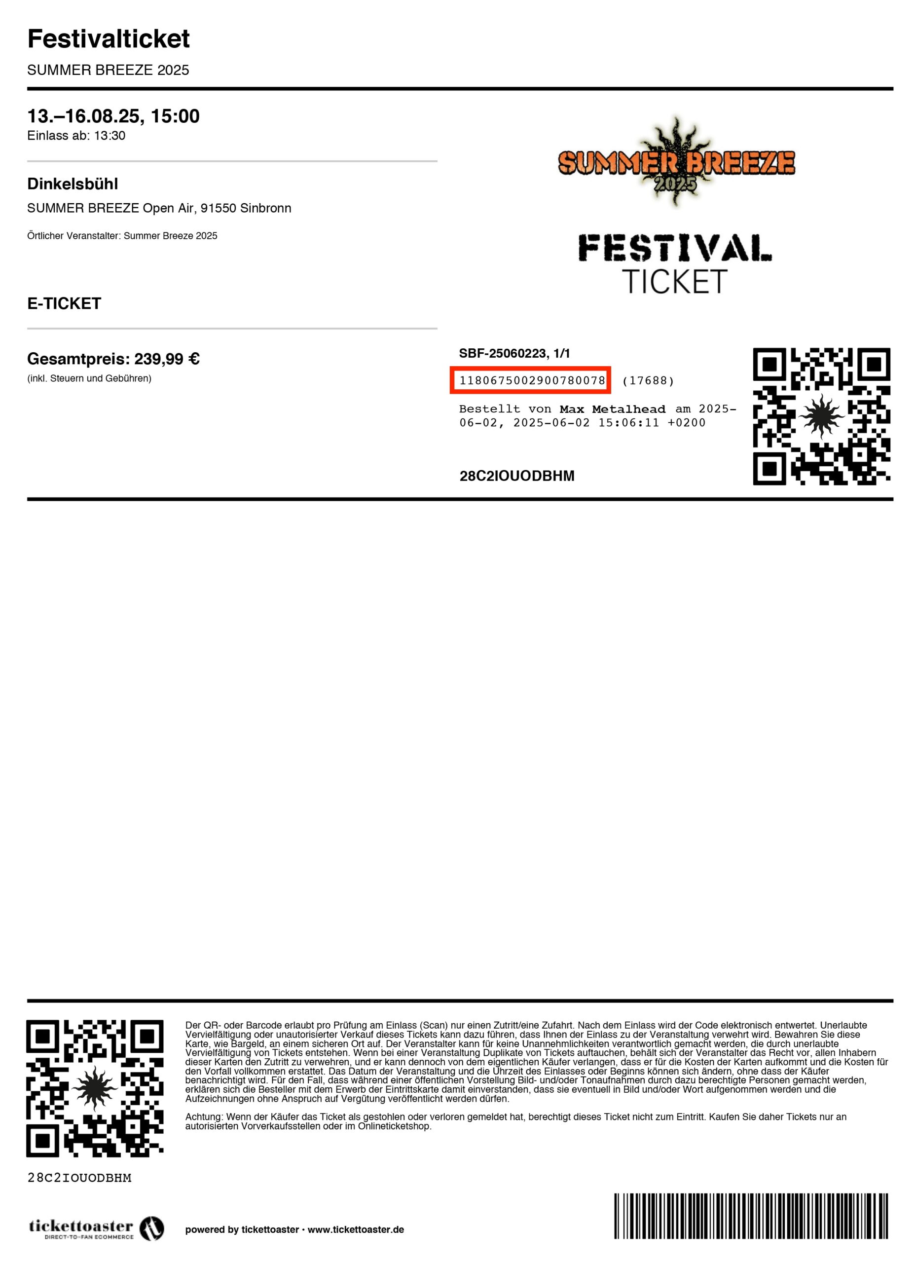 Ein Muster eines Summer Breeze E-Ticket