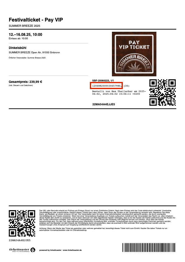 Ein Muster eines Summer Breeze E-Ticket, Pay VIP